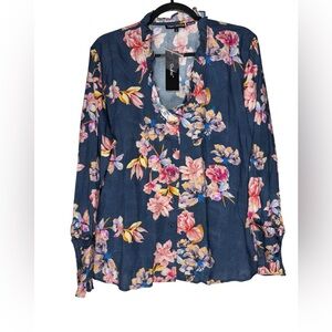 Tolani Collection Womens Large Blue Floral Button Blouse Long Sleeve Ruffle NWT
